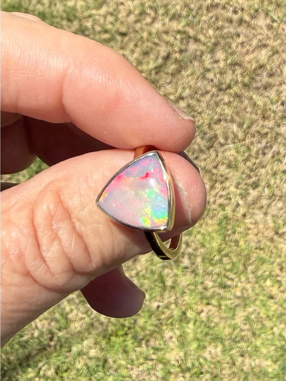 14k Gold Australian Opal Triangle Ring — Multi-Color Opal Accent - Picture 4 of 17